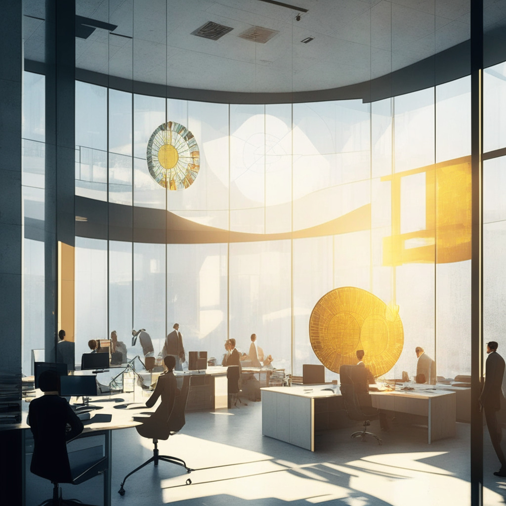 Sunlit crypto bank office in a stylish minimalist concrete and glass design, bustling with activity, Traditional finance professionals and revolutionary crypto traders working harmoniously, symbolizing blend of old and new, Giant pie chart painted on the wall reflecting trend shifts, A touch of optimism with a hint of caution in the atmosphere.