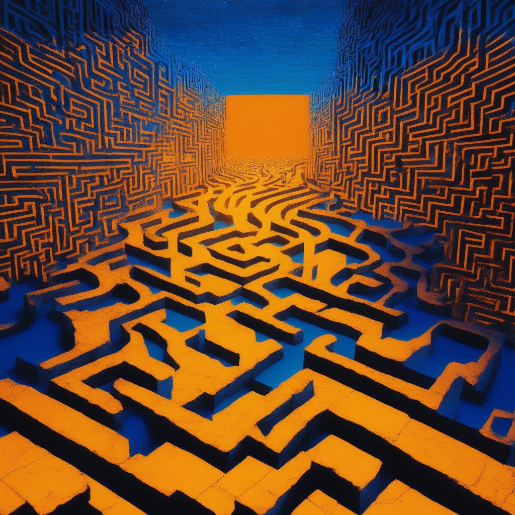 Dramatic scene of a maze representing digital alternative currencies. Untouched gold path leading to an ancient Greek court, signaling XLM, XRP, SOL. Styles: impressionistic, chiaroscuro light casting doubt, anticipation. Vaged orange-blue twilight sky fades into cosmos, demonstrating uncertainty yet optimism. Images: no repetition. Mood: ambiguity, curiosity, spirit of venture.