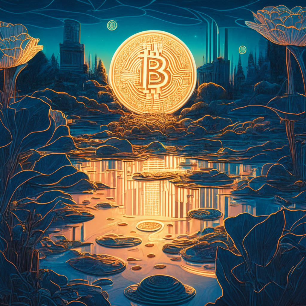An abundant digital landscape awash with Bitcoin, reflected as pure energy in an art nouveau style, glowing brightly in an evening setting, representing its sustainability, and a calming mood. AI entities transact in Bitcoins, illuminated by the influence of the Federal Reserve's decisions.