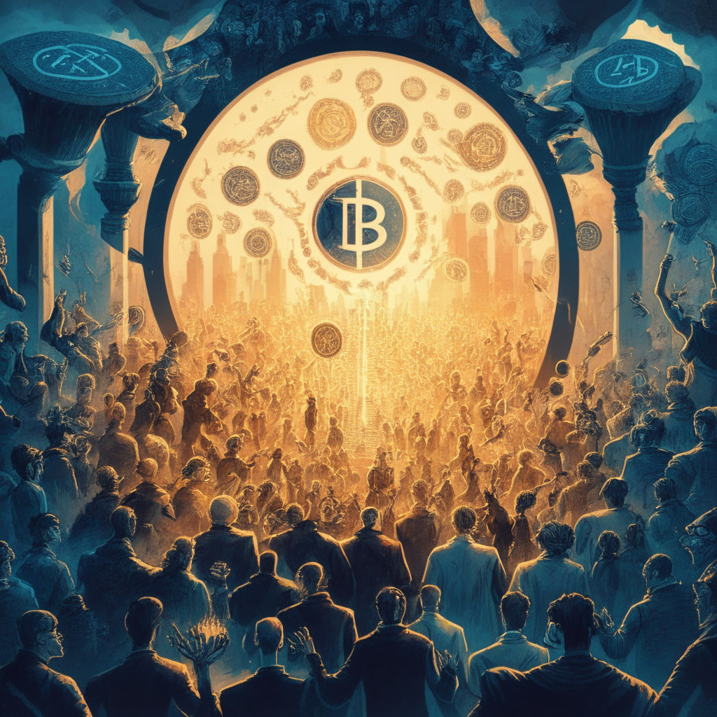 An intricate illustration of a cryptocurrency market, a crowd of investors shifting focus from a towering Bitcoin symbol to a rising wave of smaller, vibrant altcoins, including symbols for Ether, Ripple's XRP, SOL, UNI, and MATIC. The atmosphere should depict a thrilling, anticipatory mood with a dawn light setting, highlighting the symbols in ethereal glow. Artistic style akin to modern surrealism.