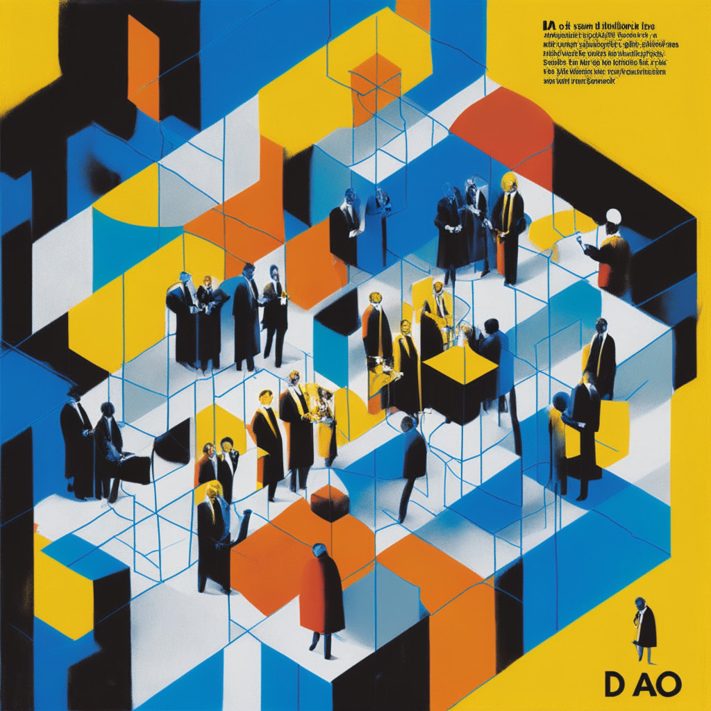 An almost monochromatic image in a modernist style, depicting a group of high-ranking officials huddling over a complex diagram of a DAO. Inject splashes of colour inspired by Piet Mondrian to symbolize blockchain. The mood, a mix of curiosity and deep-thinking, their faces illuminated by the soft, single-source, overhead lighting.