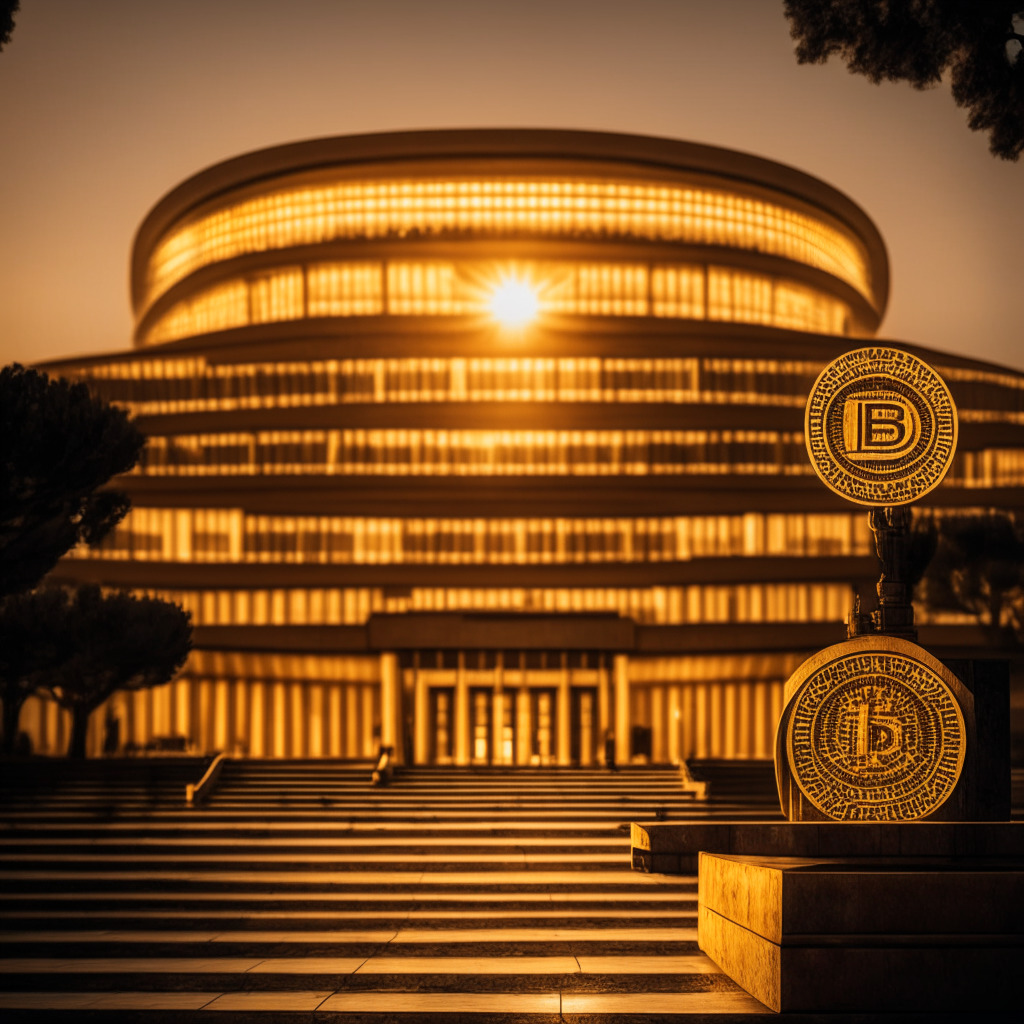 A grand parliamentary building, Knesset of Israel, under a golden-hour glow, symbolizing positive change. Legislation papers stamped with a Bitcoin logo lie on an antique wooden desk, a nod to the crypto tax bill. An ancient golden scale represents the balancing act between incentivizing the burgeoning crypto sector and imposing regulatory measures. Walls adorned with abstract financial graphs symbolizing the potential growth and challenges of crypto investment. Mood: optimistic yet cautious.