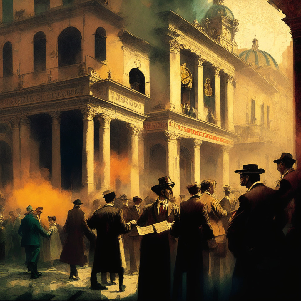A vivid scene capturing Italy's innovative financial movement, a gathering of dynamic, multi-faceted DeFi, token assets, and banks. This epoch-making revolution is illustrated in an impressionist style, showcasing muted, warm colors in a dimly lit setting. It creates an environment of intrigue and complexity, mirroring a simmering pot of potential. Invisible elements of the scene evoke digital transformation, like blockchain chains and digital tokens subtly embedded. The mood is one of cautious optimism and uncharted waters, hinting at the inherent risks and potential rewards of such innovation.