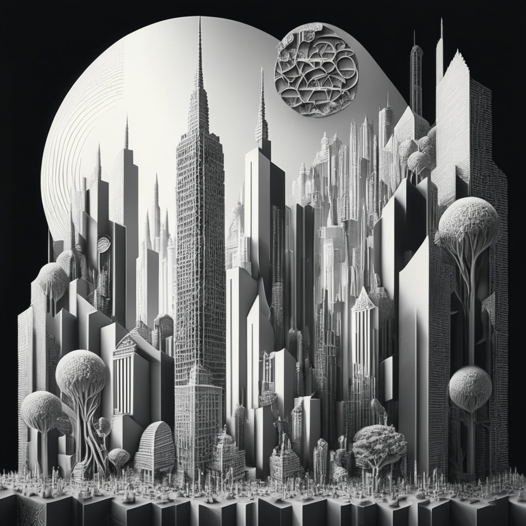 An intricately detailed, surrealist-style digital cityscape representing the delicate balance between growth and stagnation in Bitcoin's future. The use of contrasting light settings, vast skyscrapers symbolizing scale, and smaller buildings depicting decentralization. A looming scale balancing 'elegance' and 'backwardness' to symbolize Bitcoin's paradox. A palette dominated by shades of grey and intermittent bursts of luminescent blue. Dark corners hinting at the image's somber and contemplative mood.