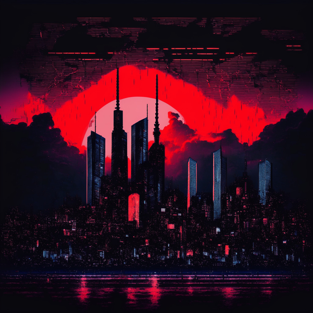 Tokyo skyline at dusk, cast in deep, dramatic hues of reds and blues, a Bitcoin symbol shining brightly in the backdrop as a strong contrast, embodying the surge. Skyscrapers, made of digital digits, representing volatility in the market. Cyberpunk aesthetic, cast under a stormy sky, depicting a sense of uncertainty and transition. A subtle hint of golden light, symbolizing digital gold as a promising, robust hedge against traditional finance.