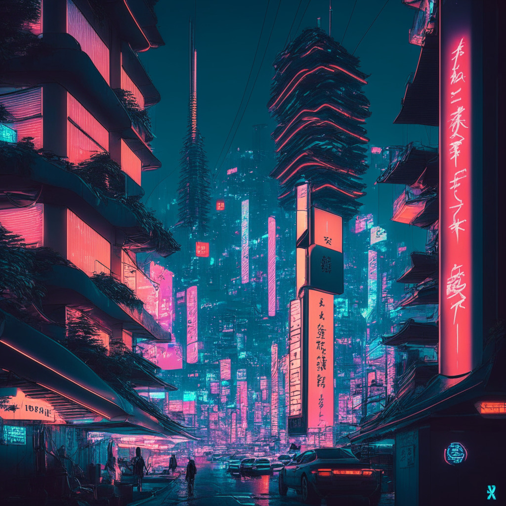A futuristic Tokyo cityscape at dusk, bathed in the soft glow of neon signs, highlighting Japan's Web3 vision. In the center, a symbolic cryptocurrency portal opening, representing the arrival of new crypto platforms. Promising virtual assets subtly embedded, like hidden gems, contributing to a lively atmosphere. Artistic style is a blend of cyberpunk and realism, mood of mystery, anticipation and excitement.