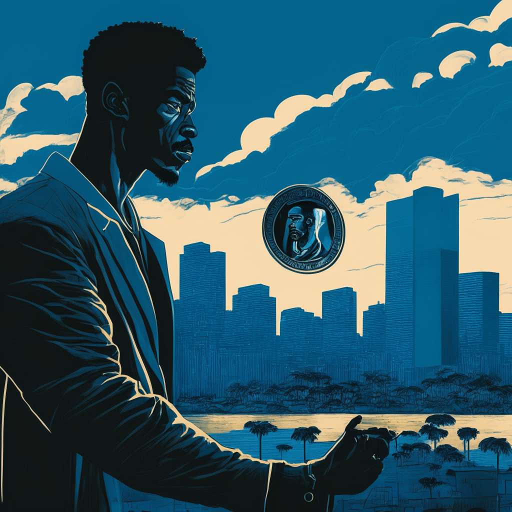 A surreal, early morning court scene under the semi-dark blue sky, with a modern cityscape and the African savannah blurred in the backdrop. Miami Heat's Jimmy Butler, depicted in a noir style illustration, is handing a glowing crypto coin to a confused everyman. The coin emits a pulse, symbolizing both its promising potential and mystifying risk inherent in cryptocurrency. The mood is tense and foreboding, yet tinged with futuristic allure.