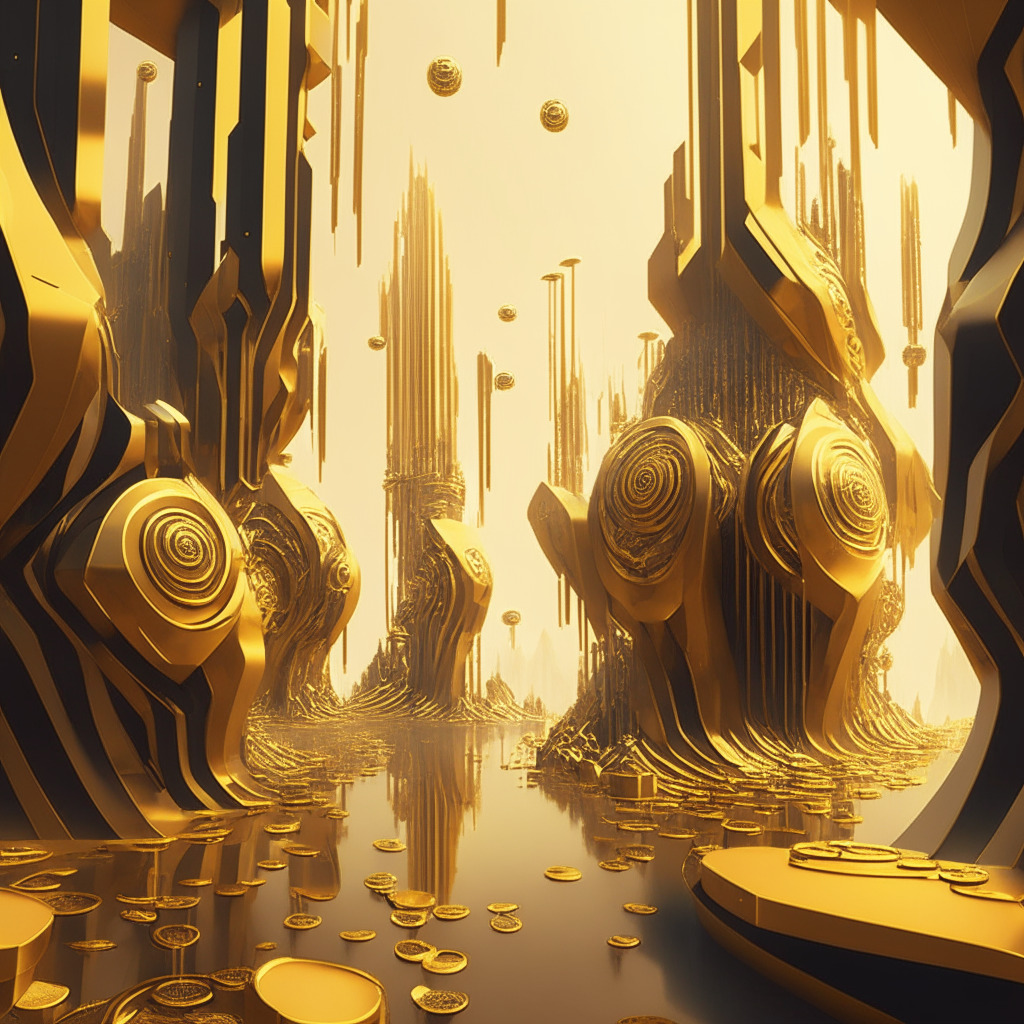 A futuristic landscape filled with artificial intelligence elements, a realm overlapping reality and virtual world, illustrating the costly journey towards the metaverse. An imposing technological giant weeping gold coins to symbolize financial loss, but still strong, representing resilience in economic strain. A path woven with potential landmarks for virtual reality, neural interfaces, and social platforms, all enveloped in an ethereal, dreamlike light. Harsh shadows emphasising high-stakes risks, a brighter horizon in the far-off distance to portray a hopeful future. Art style akin to surrealism, creating both exciting and daunting feelings.