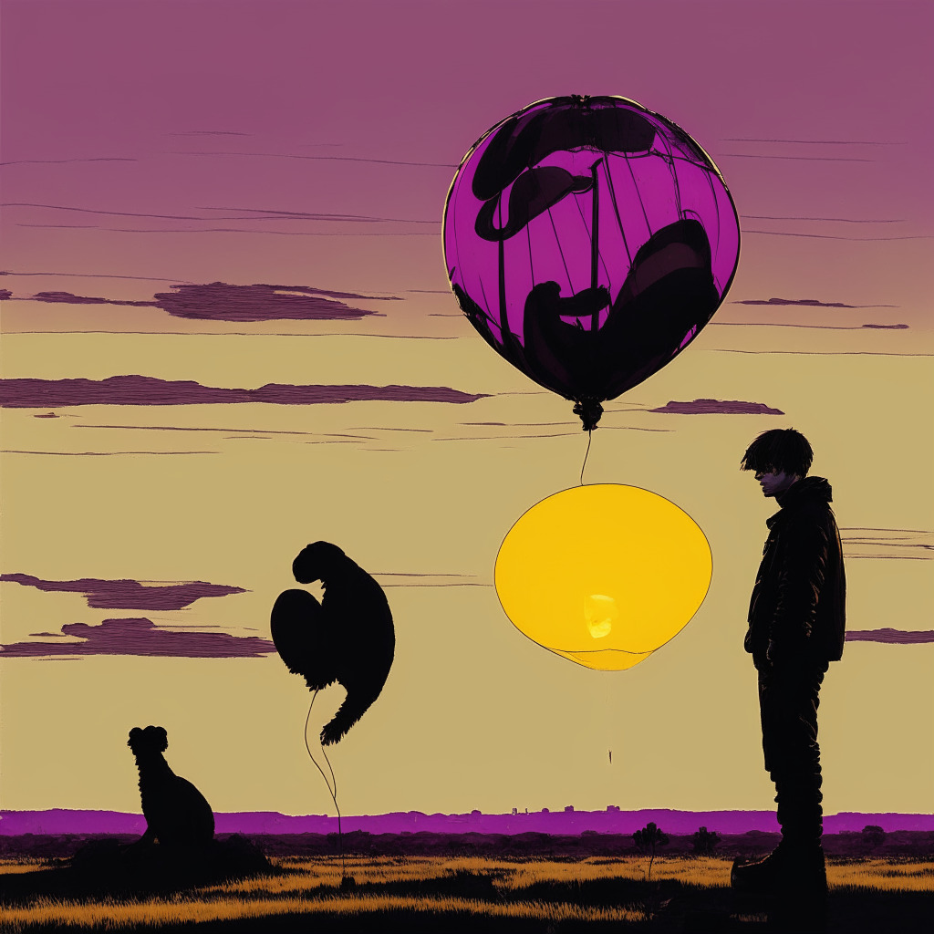 A late afternoon setting over an abstract NFT marketplace, with Justin Bieber thoughtfully looking at a deflated balloon shaped like an Ape in the foreground. The backdrop fading into a landscape of plunging graphs, illustrating the 95% drop in value. The mood is somber, reflective, enhanced by a melancholic sunset. Conceptual-abstract style.