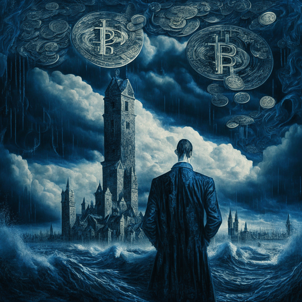 A cryptic and brooding digital landscape amplifies the mysterious mood. Foreground: a charismatic entrepreneur, detailed akin to Vermeer's realism, in the midst of numerous swirling, gleaming stETH tokens, representing $55.8 million. Background: imposing towers, symbolic of wallet addresses, under a stormy sky, indicating market volatility. Midnight blues and etheral greys dominate, with slivers of golden light, suggesting potential instability. Ethereal waves of light hint at redemption’s passage. Abstract ethereal lines, representing price changes, subtly snake their way around the scene. The painting style: a blend of modern and classical, capturing the thrilling world of cryptocurrency.