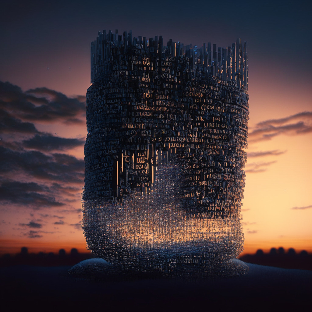 An abstract digital landscape at dusk, illustrating code elements as towering structures, patches of written texts floating like clouds, illuminating the scene in soft twilight hues. Centered is a modern sculpture embodying AI language processing tool, radiating a soft glow. Spiraling around it are multiple smaller structures, symbolizing plugins, accentuating the scene's complexity and potential. Mood: thoughtful, cautious optimism.