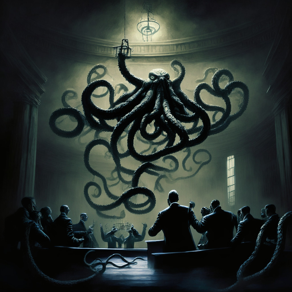 Dramatic court scene with Kraken-like monster entwined in legal chains, representing Kraken Crypto Exchange. Struggle within against invisible shackles symbolising data disclosure mandate. Lighting: evening twilight, casting a somber mood. Artistic blend of realism and surrealism, expressing tension and precarious balances between regulation and decentralization.