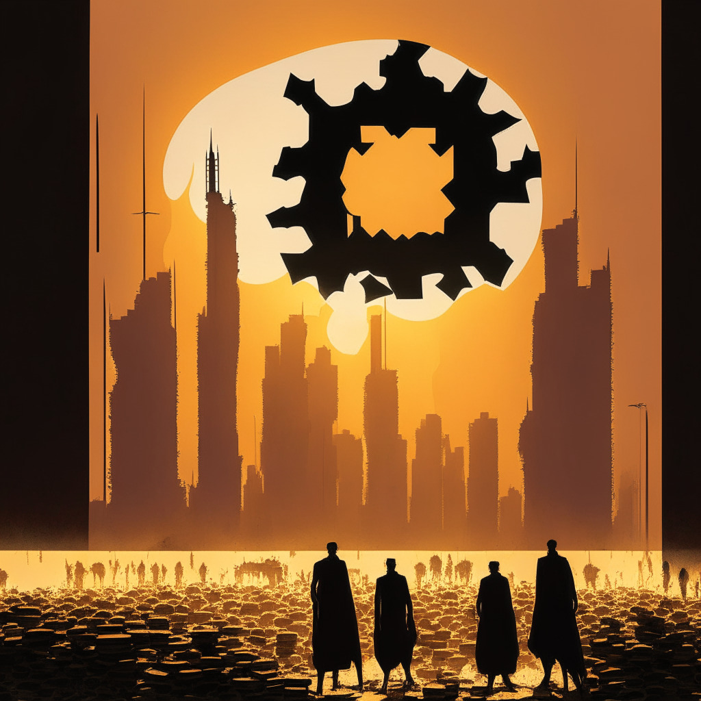 Stern governmental silhouette imposing a massive blockade on myriad, fiery representations of cryptocurrencies, casting long, chilling shadows on the once-blooming, vibrant market of Kuwait. Deep, somber hues evoke a sense of apprehension under harsh sunlight, mirroring stringent new regulations. Light clusters illuminate tokens of hope, representing balanced regulation and investor safety.