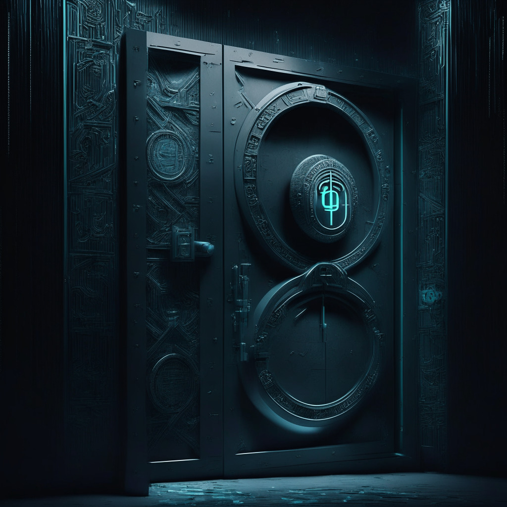 A tightly sealed vault door encasing an ethereal crypto coin, in stark contrast to open traditional physical money lockers. Dark, cold hues depicting a heavy mood, under a spotlight. Artistic style: Semi-abstract, representative of Kuwait's sweeping cryptocurrency ban.