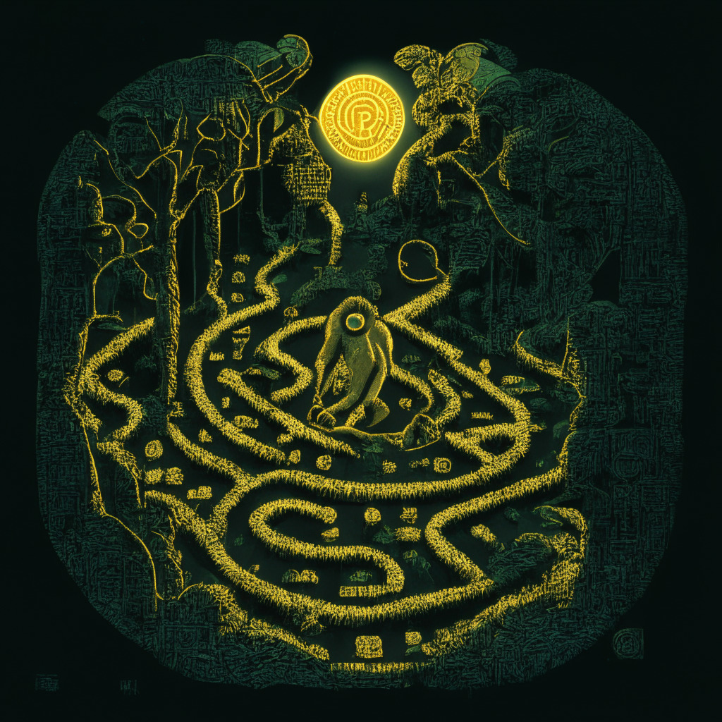 A twilight-lit financial maze, incorporating key elements of cryptocurrency. A coin marked LUNC, laden with chains and moss, represent its slow progress, shadows cast over it. In contrast, a vibrant gold coin, adorned with a chimp emblem, symbolizing Chimpzee, stands on a solid path bathed in dawn's light, hinting a promising future. Reflect a melancholic yet hopeful atmosphere.