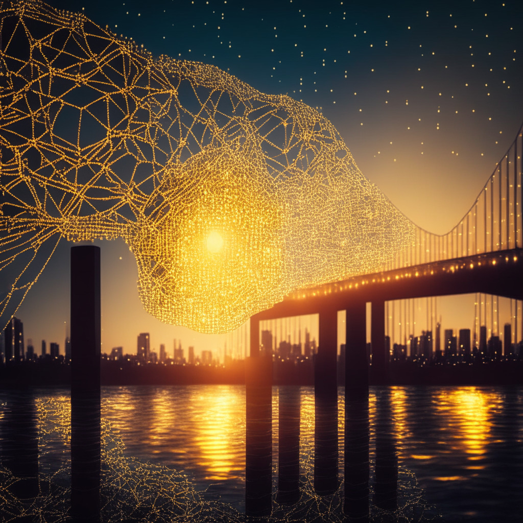 A contrasting scene representing the duality of blockchain innovation and security, illuminated in the soft glow of dusk. In the foreground, a network of shimmering golden nodes symbolising LayerZero, vigorous and abundant, connected by an intricate web, manifesting progress and success. In the backdrop, looming shadows cast by monumental structures, representing stolen assets and bridge exploitation, create an air of caution and menace. Painted in a surrealistic style, to depict a narrative of equal parts promise and peril.