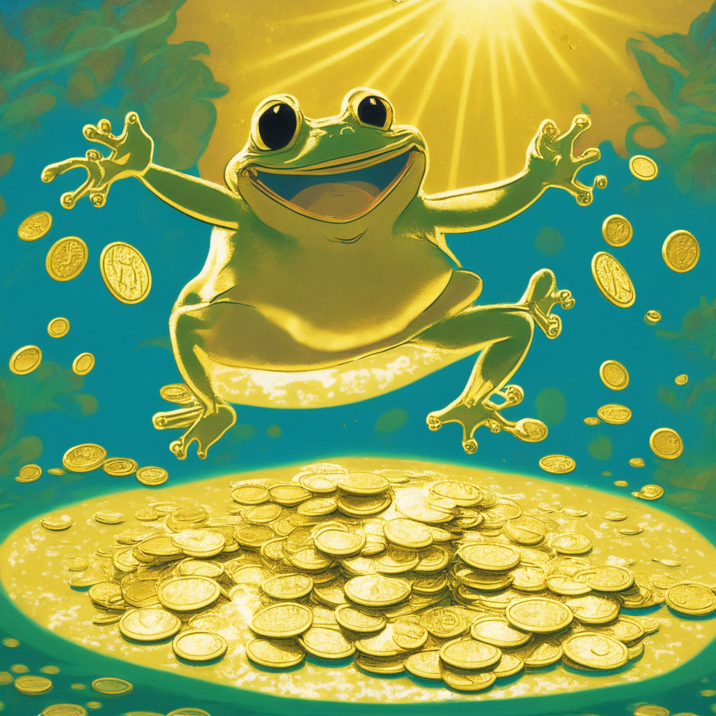 A whimsical scene of a smiling frog leaping energetically from a pool of coins, the palpable momentum symbolizing a bullish trend. The image glows with an aura of optimism in a warm golden light setting, highlighting a playful yet suspenseful mood. Artistically, the style is reminiscent of bold pop art, with exaggerated expressions denoting a sense of exhilaration.
