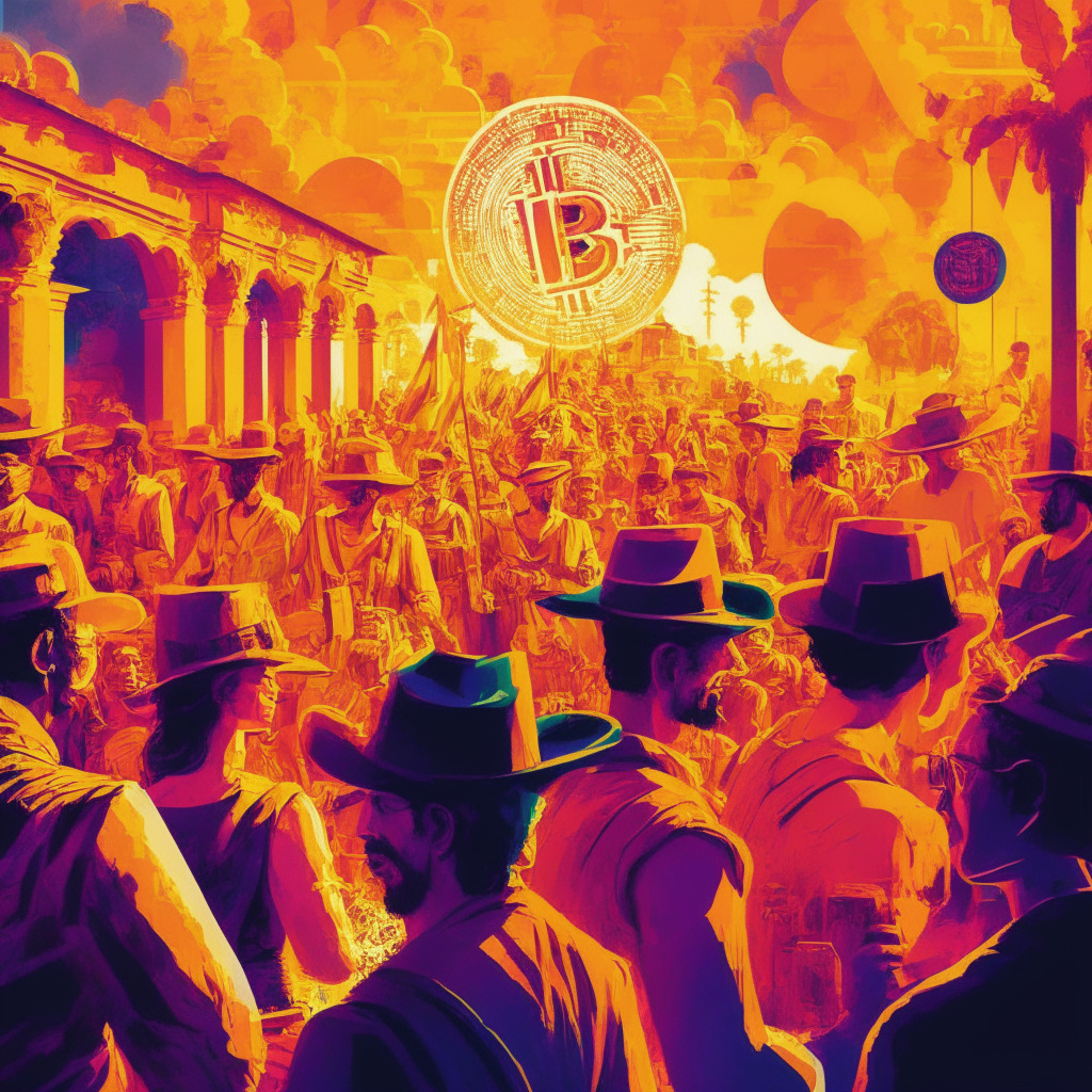 A vibrant scene highlighting the expanding crypto market in Latin America. Depict a diverse and enthusiastic crowd engaged in crypto transactions, a subtle reference to the prestigious French crypto creator in the background. Use bold, warm hues evoking optimism, energy, and a promising future. Illuminate the foreground and partially silhouette the background, creating a sense of anticipation. Apply Impressionist style for an artistic touch, embodying the mood of excitement yet uncertainty as crypto emerges as a force in these nations.