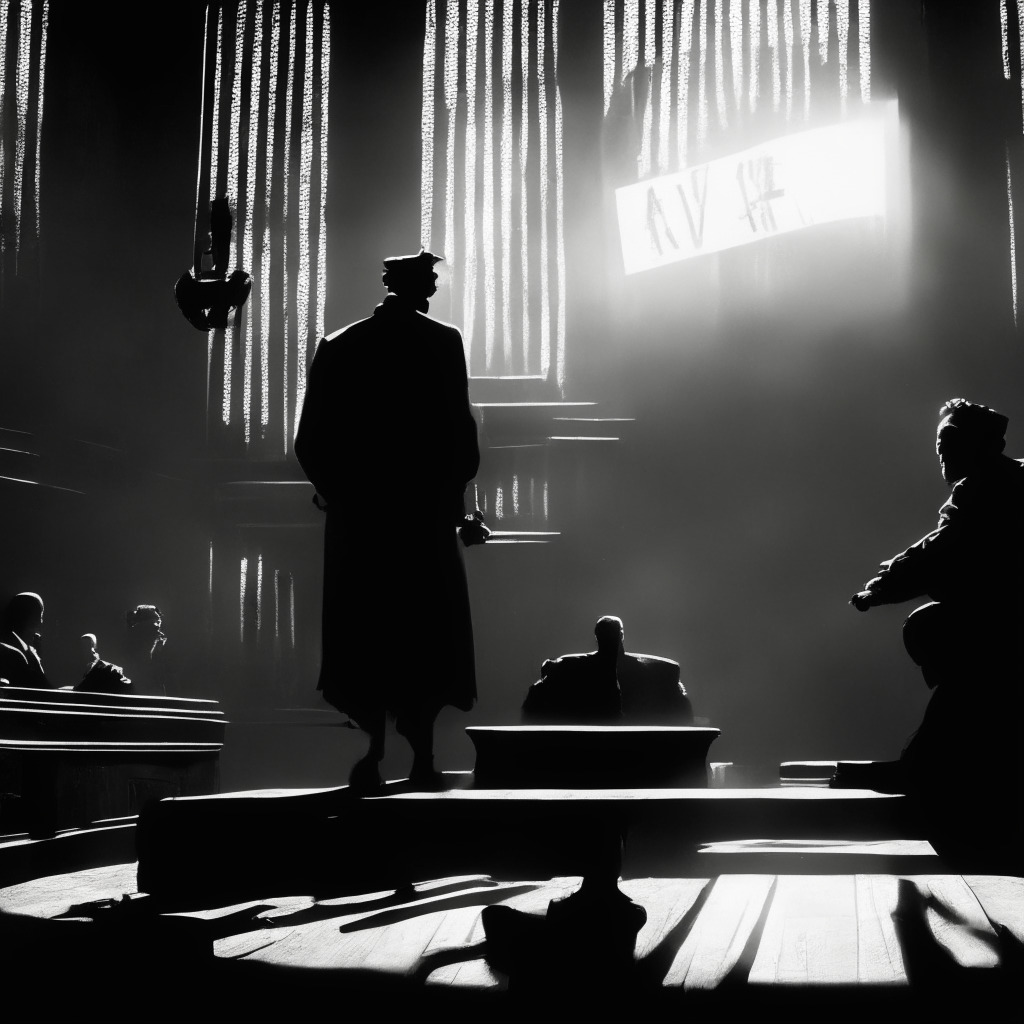 Dramatic courtroom scene, with a grand judge's gavel poised in mid-air. A shadowy silhouette of a billionaire, embarking on a spirited defence against phantom accusations, implying a tangy contrast of conflict, and pursuit of justice. Evening sunlight, in a film-noir style, casting long sombre shadows, setting a deeply tense mood, reflecting a crucial turning point.