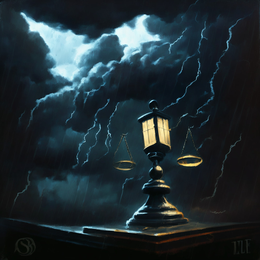 Gavel hitting soundblock, two sides of a coin, beneath a stormy sky with ominous clouds, embodying the uncertainty and high stakes of legal battles. Dark courtroom rendered in deep oil painting strokes to represent the ensuing lawsuit in the EOS community. Lanterns cast eerie shadows emphasizing the risky gamble of shifting legal actions.