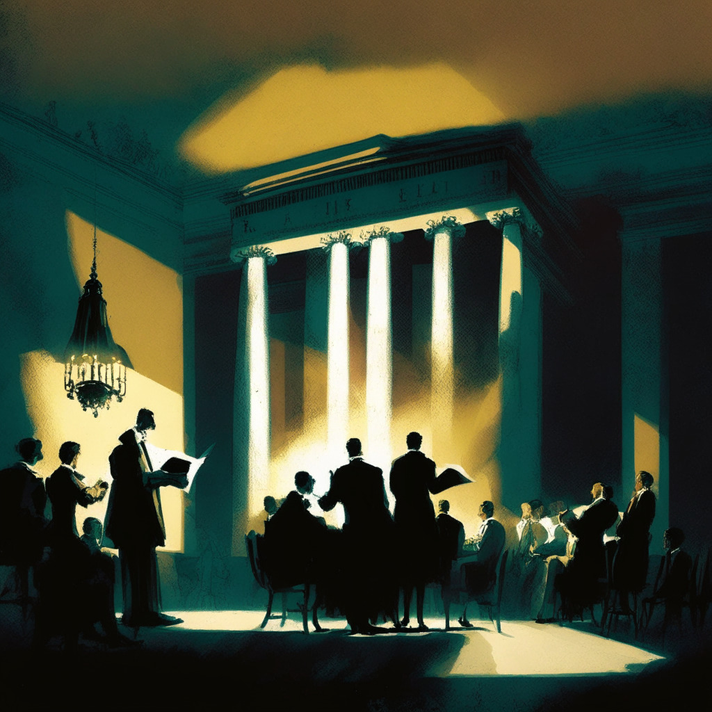 An illustrative painting of a divided Congress House, half shadowed, half lit. In the light, Republican members discussing a glowing digital bill, symbolizing emerging crypto regulations. The shadowed side showing Democratic members hesitating, leaning over a traditional parchment of existing laws. Tone: suspenseful, visual style: neo-impressionist, light setting: contrasting.
