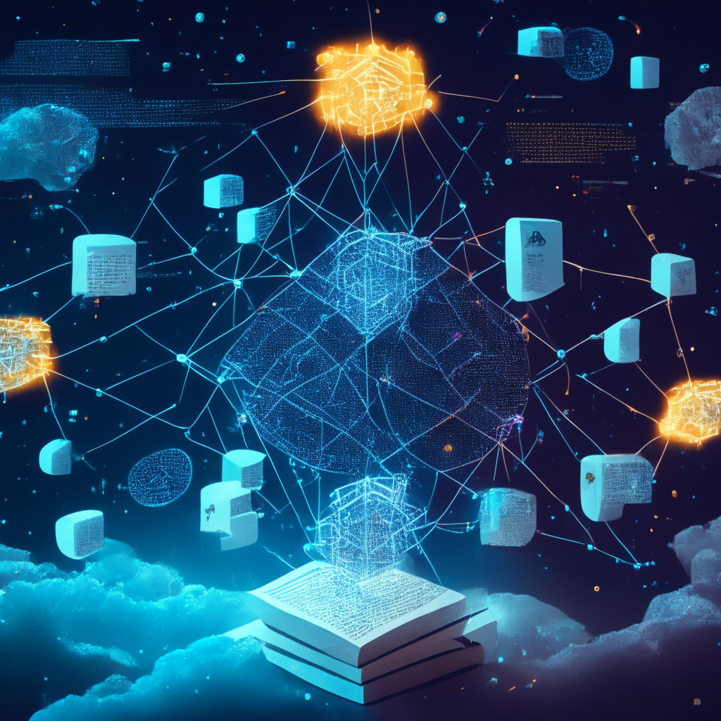 An illuminated, scale-like balances, depicting blockchain technology, on one side coins representing Cryptoassets, Ethereum, Polygon, Polkadot nestled, on the other side, a pile of enforcement documents, symbol of regulations. The background, a complex web of interconnected nodes depicting the blockchain space, under a brooding, stormy sky, setting the mood of uncertainty and evolution. Plaintive shades of twilight, giving way to enlightening rays of sunrise, representing transition. Artistic style: Surreal.