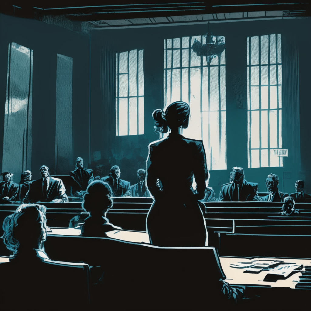 A courtroom in deep hues of gray, portraying a charged atmosphere. Mottled light filters in from large courtroom windows, suggesting the gravity of justice being delivered. Silhouettes of arguing attorneys, muted figures in the public gallery, and an anxious unidentified woman representative of Caroline Ellison, standing under the harsh spotlight. A looming digital screen in the background showcases a chaotically complex network signifying the blockchain. Mood: Serious and suspenseful.