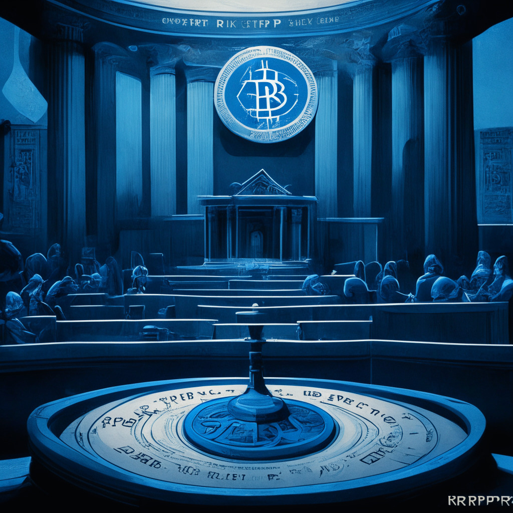 A detailed courtroom scene in a realistic style with hues of blue and grey representing uncertainty. The centerpiece is a symbolic split scale of justice implying ambiguity. One side contains a crypto coin marked 'XRP', while the other side has a document titled 'Ripple case'. A background with multiple paths showcased under a dusk light, expressing ambiguity and the anticipation for future legislation.