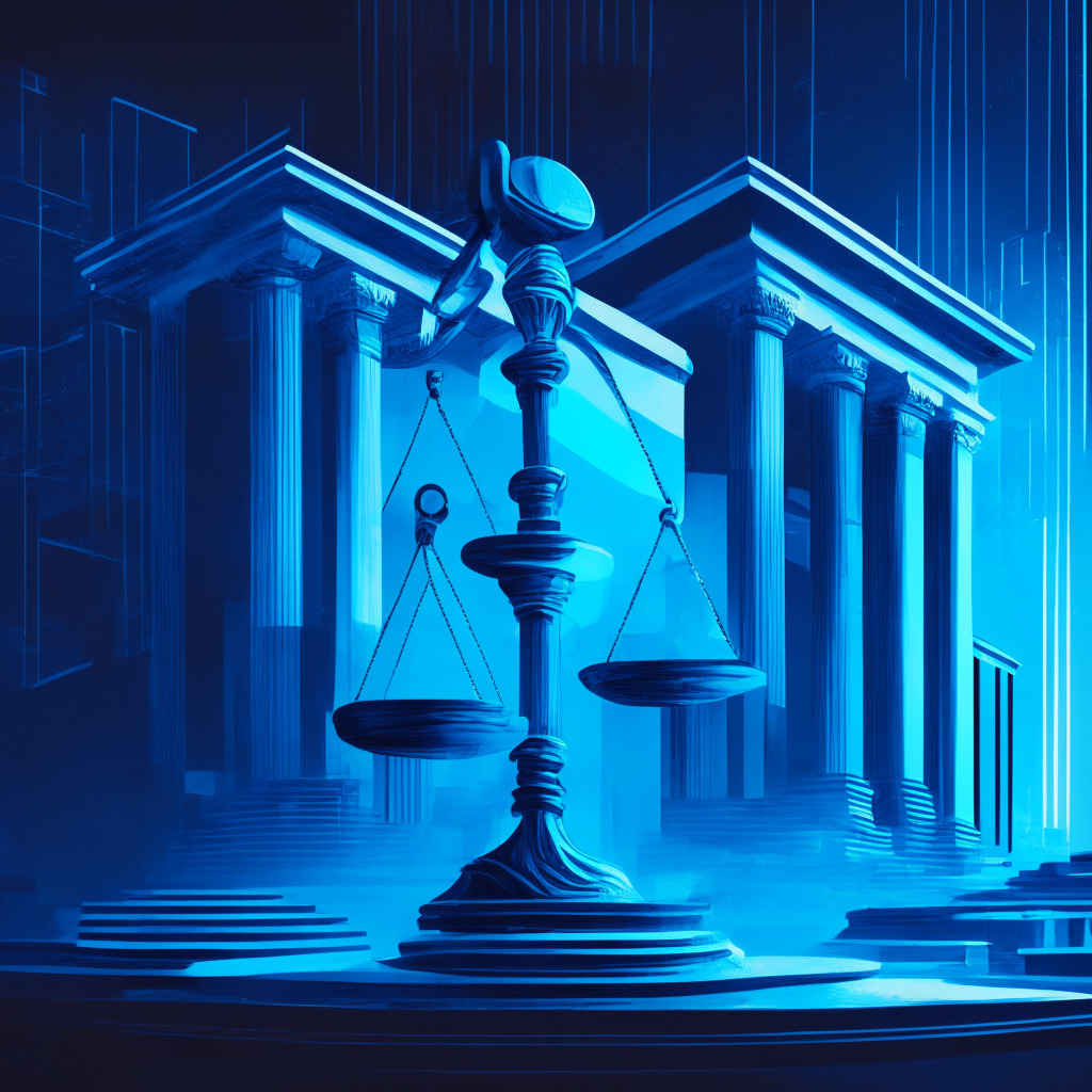 Abstract representation of Singapore's High Court, a digital scale balancing cryptocurrency coin and a traditional gavel, twilight setting permeating the air with shades of resolute blue, chiaroscuro effect enhancing the mood of evolving acceptance, edgy Cubist style, hint of suspense and gravitas.