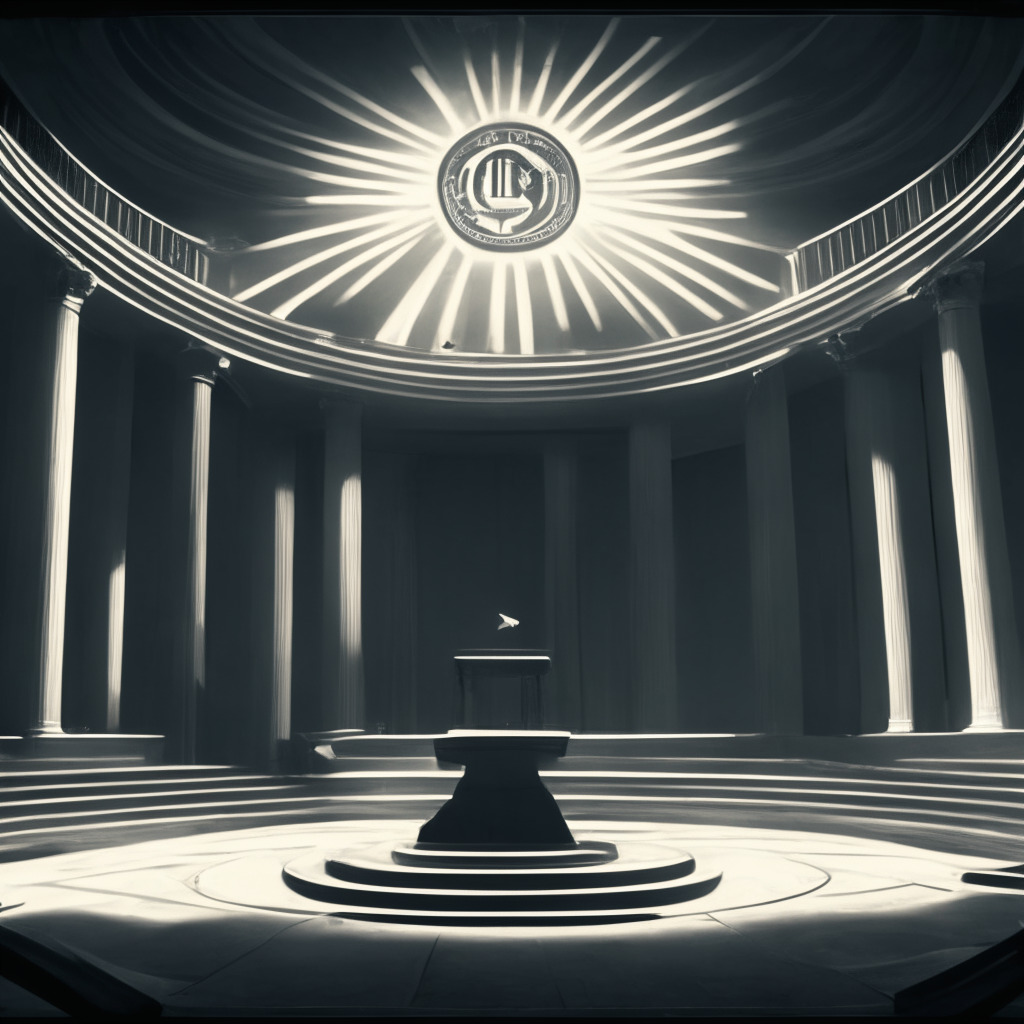 A courtroom drama in contrasting grayscale, featuring a gigantic crypto coin and a symbol of justice at the center of the scene. A palpable air of anticipation fills the room, symbolized by semi-transparent floating question marks. The light is dim and shadowy, creating an intense, suspenseful mood and highlighting the tension between cryptocurrency and regulation. An oversized scale of justice looms menacingly, indicating serious legal implications, while a soft morning light on the horizon suggests hope for resolution.