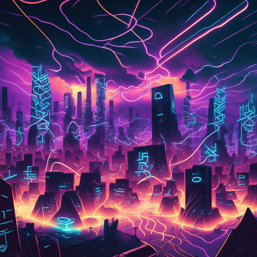 A depiction of a lively, illuminated, neon-colored cityscape at twilight evoking a futuristic, surreal style. It is bustling with cryptocurrency symbols like Bitcoin and Ethereum transforming into beams of light, signifying speed and efficiency. The sky features hovering nodes, symbolizing the Lightning Network, while a dystopian labyrinth is subtly integrated, representing increased complexity in the landscape. A silver, shimmering coin embossed with 'GHO' floats over the city, nodding to the new stablecoin, GHO. Conveying a sense of excitement mingled with intrigue.
