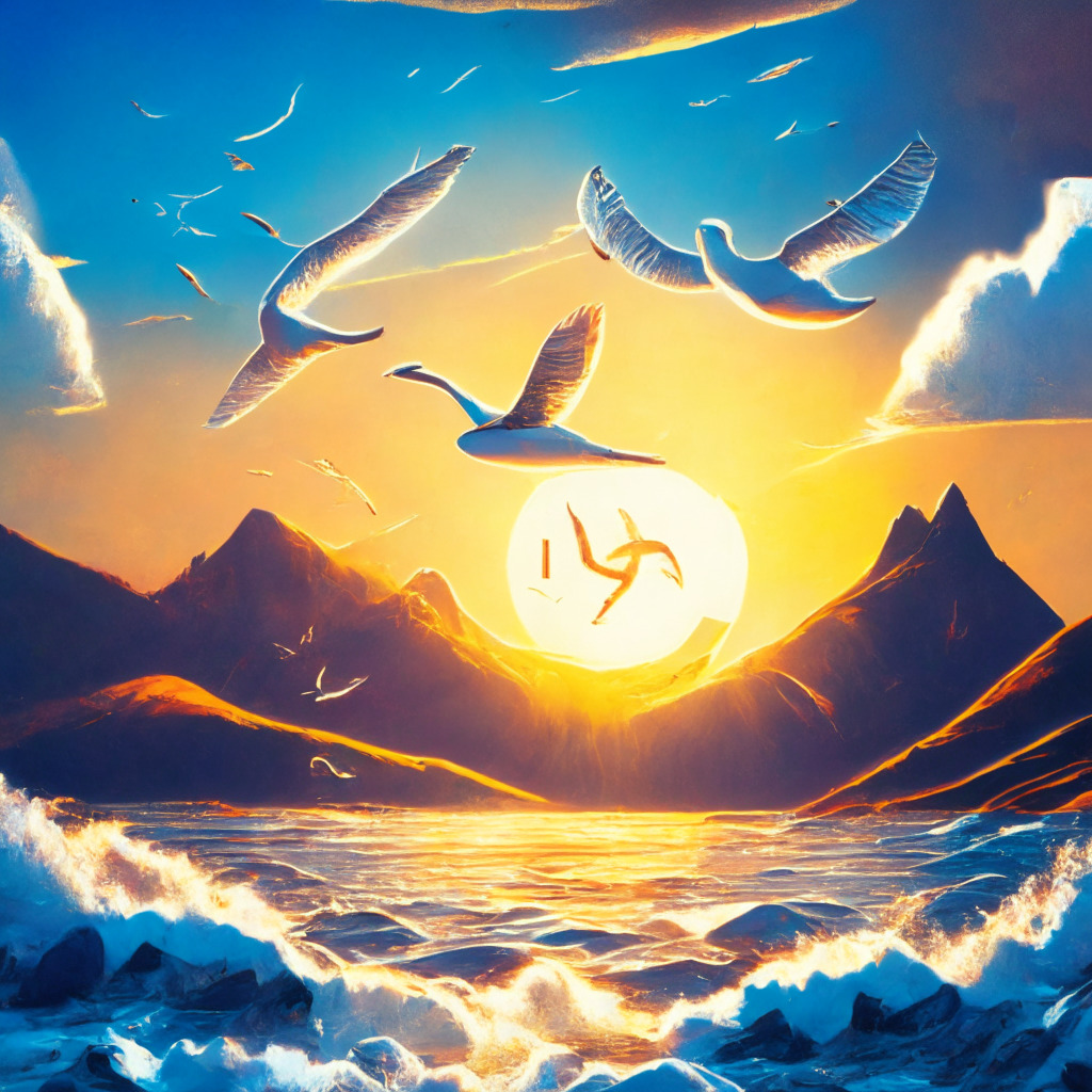 A vivid scene of a Litecoin (symbolized as a silver coin), floating buoyantly mid-air, illuminated under the vibrant glow of a rising sun signifying an uptick. The backdrop showcases towering peaks and valleys, depicting volatile pricing, painted in an impressionistic style. A flock of birds in the sky represent growing investor optimism, while the foreground has emerging green shoots, a nod to eco-friendly Web3 projects. Mood: hopeful but volatile.