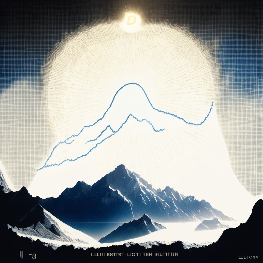 Depicting the fluctuating story of Litecoin's value, a towering, mirror-surfaced graph line stretching from a dip of an icy valley ($88 mark) to a high sunny peak, showcasing a strong upward trend. Incorporate the visual of a half-split Litecoin glowing brightly, symbolizing the halving event on 2nd August. Convey a hint of uncertainty through a hazy background, but overall emphasize a hopeful mood with a rising sun on a summer's day.