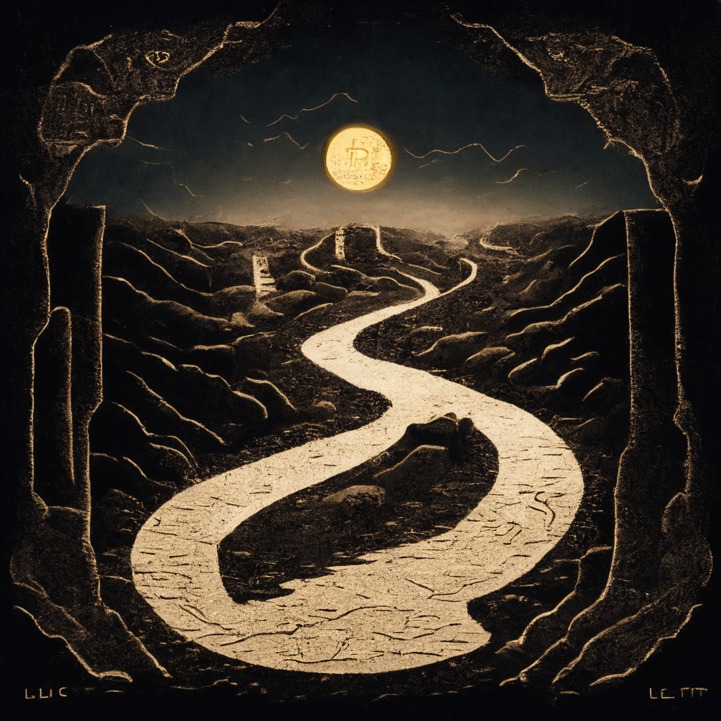 An intricately patterned, dimly lit landscape with a crumbling road representing fluctuations in Litecoin's value. The road breaks into two, one leading to a classic halved coin depiction to signify Litecoin's halving event, the other towards a rising, golden token, representing Thug Life token's success. Each path is cloaked in anticipatory shadows, with one glowing more brightly than the other, hinting at their potential futures. The overall image has a subtle, impressionistic styling with a mood that blends uncertainty with emerging hope.