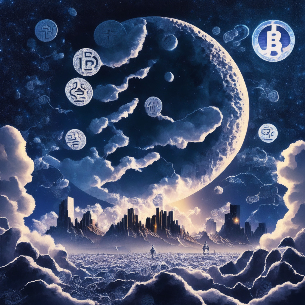 Surrealistic image depicting the merging worlds of social media and cryptocurrency, , overarching clouds of binary digits cascading onto a lunar landscape to signify LunarCrush’s influence, figures on the moon examining incoming data symbolizing crypto investments, a social media icon skyline on the horizon, twilight sky lighting, peaceful yet intriguing mood.