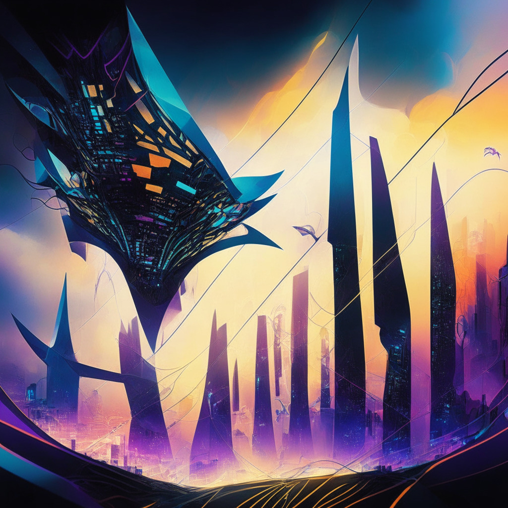A vibrant digital landscape, infused with the abstract shapes of blockchain structures, a futuristic cityscape in the background symbolizing growth and expansion. Tangled threads of light symbolize regulatory challenges, breaking through the clouds of looming uncertainty. The mood is electric yet tense, embodied by sharp contrasts between light and dark. A mechanical manta ray representing Manta Network, glides through the scene, pointing towards the promising horizon. Style inspired by Modern Futurism.