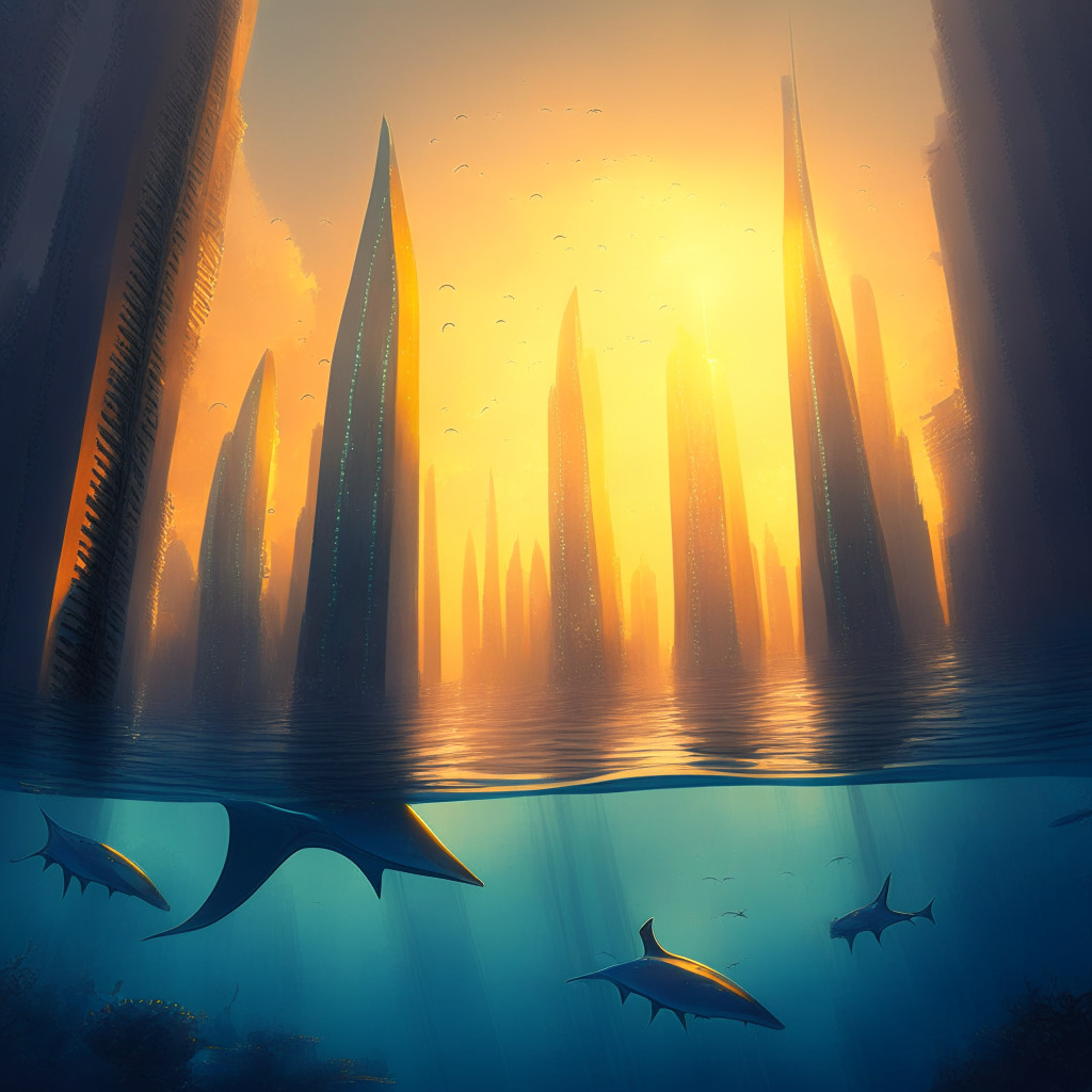 An underwater cityscape at sunset, exuding an air of mystery, symbolic of Manta Network's rise. Large manta rays swim through the aquatic skyscrapers, a nod to DeFi. Sunlight shafts cast a warm hue, highlighting the promise of its growth. Skyscrapers, amalgamation of architectural styles of Byzantine, neoclassical, and modern, represent variety in decentralized applications. The city is shrouded with light fog, signifying privacy through zero-knowledge technology.