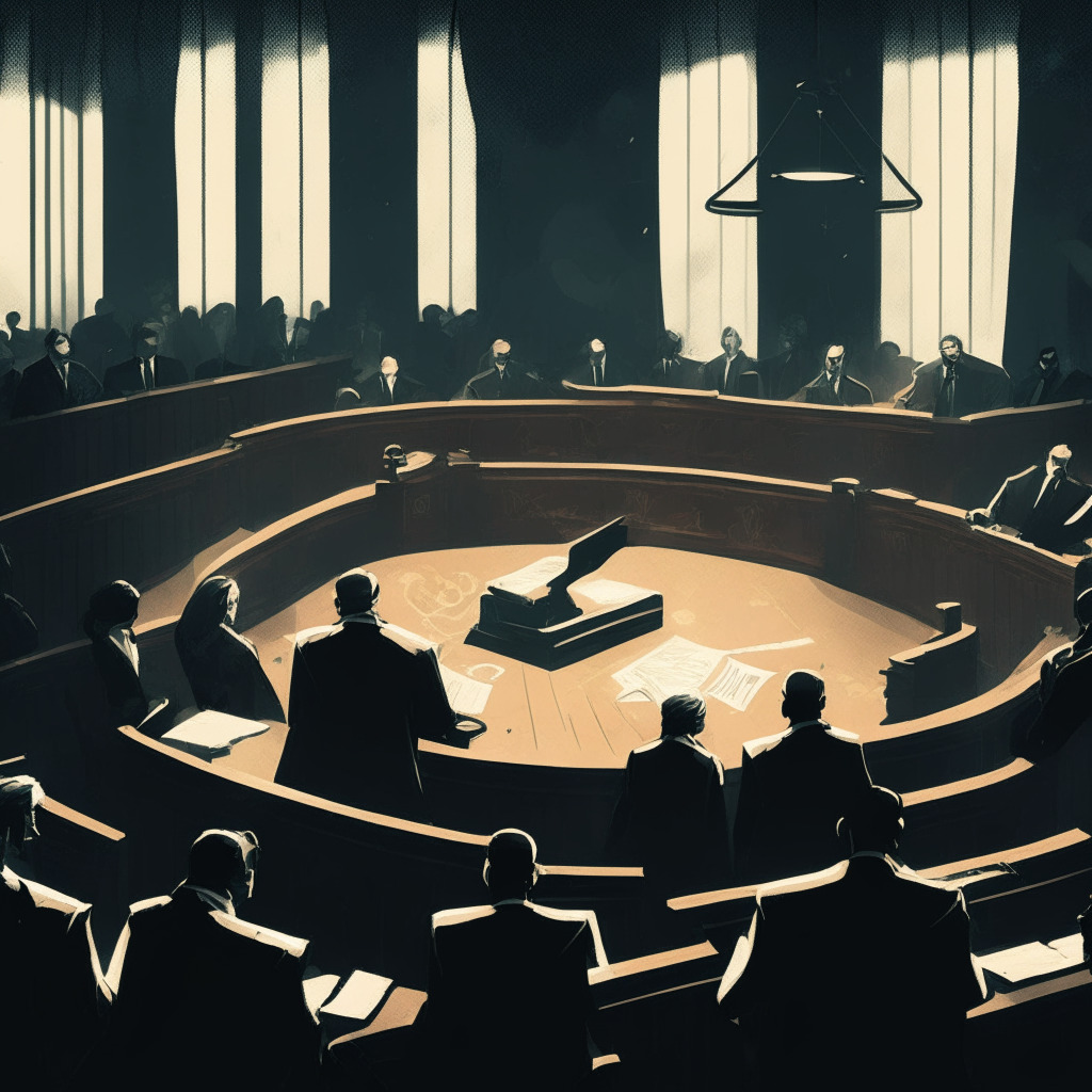 A gloomy courtroom scene with a shroud of mystery: a tense trial in progress, figures in sharp suits exchanging intense glances. Documents with cryptocurrency symbols scattered, a gavel ready to declare the verdict, character shadows elongated by dim, overcast light. The atmosphere is thick with anticipation, symbolizing the unease and uncertainty of the ongoing legal battles in the digital currency world.