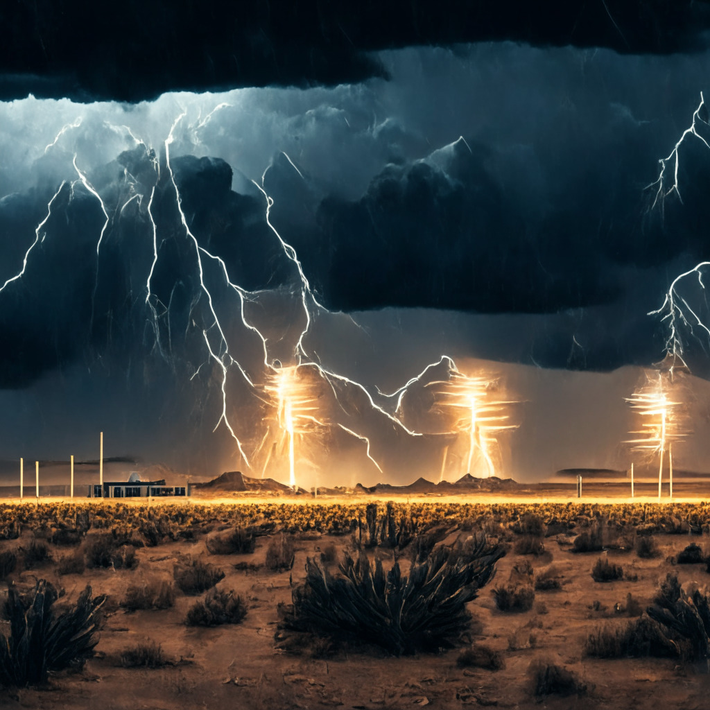 Depict a Bitcoin mine in a Texas desert during a storm, foreground lit by sizzling lightning bolts, background showing a sunny, prosperous landscape with flourishing cryptocurrencies, overshadowed by ominous dark clouds signaling uncertainty. Emphasize the stark contrast between the two settings reflecting the market's volatility. Apply a noir aesthetic to embody risk and tension.
