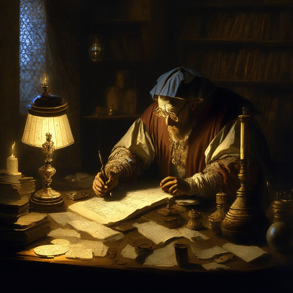 A late Renaissance style painting of a strategizing merchant in his study, lit by the warm, soft glow of a desk lamp. He's meticulously examining various scrolls and ledgers symbolizing tax laws. An open ledger displays sketches of coins, symbolizing cryptocurrencies. A small sandglass on the desk, representing time and regulations, slowly trickling the sands of time. His pensive expression gives the image a mood of thoughtful reflection and careful planning.