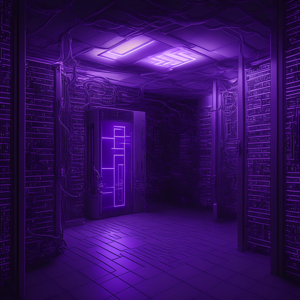 An accurately detailed, futuristic server room bathed in dusky purple light, signifying the mysterious world of open-source software. The servers form a complex labyrinth, representing the intricacy and vastness of open-source networks like Mastodon. A figure, alluding to hackers, stealthily navigates this digital maze. A hovering hologram of a broken lock symbolizes vulnerabilities, whilst rays of warm, hopeful light leak from another intact one, signalling constructive collaborations and improvements.