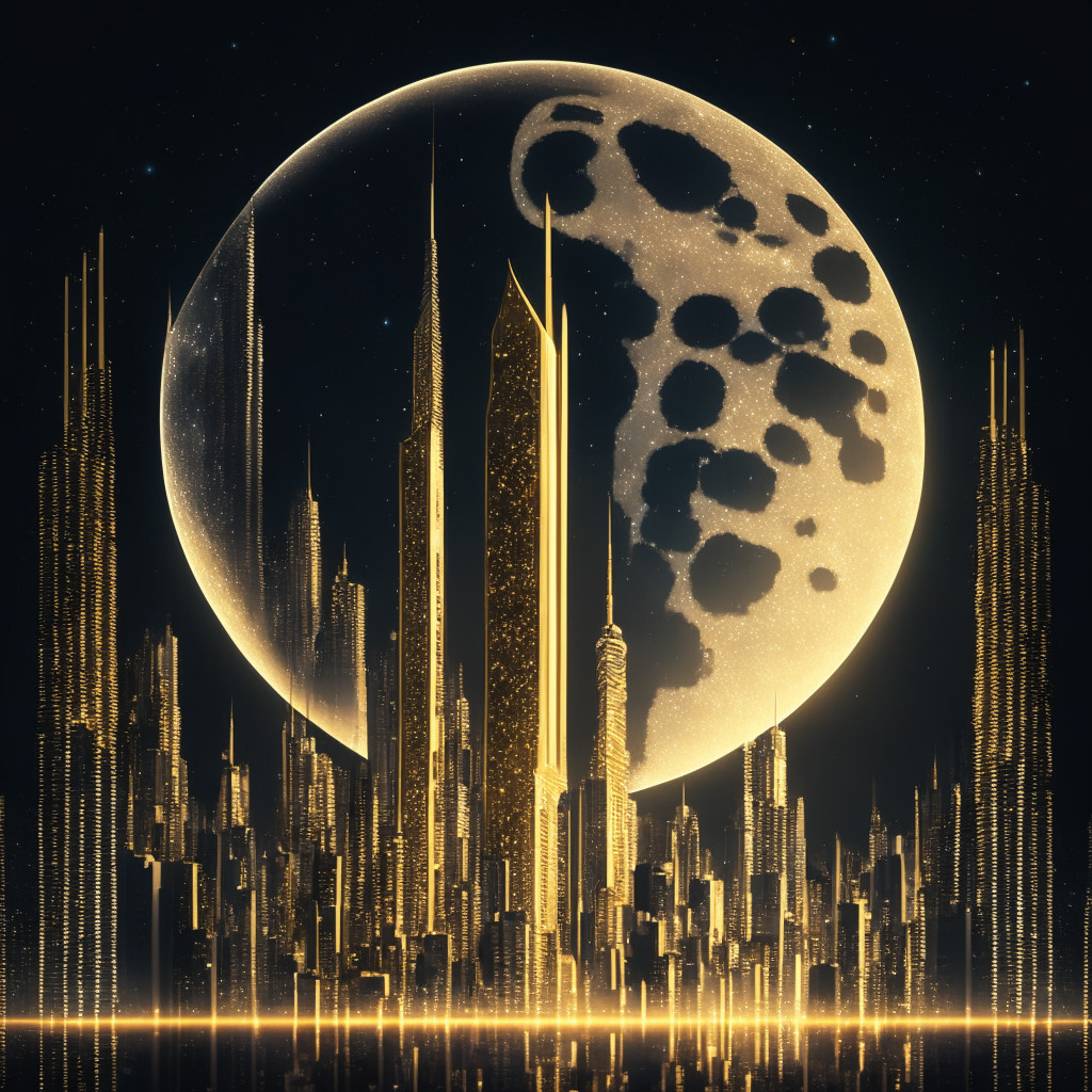 A futuristic cityscape at night bathed in gold and silver hues, symbolizing Bitcoin's ascent. Skyscrapers are shaped like growing Bitcoin graphs, implying breakthroughs seen in 2014,2019,2020. A giant moon casting a bright spotlight, represents the predicted $125K price peak in 2024. Artistic style: surrealist with heavy cubism influences. Mood: Optimistic yet cautious.
