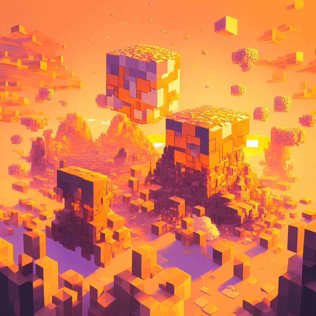 An intricately detailed pixelated metaverse landscape, bathed in a soft orange hue of digital sunset. Chicken McNuggets styled monuments and VR avatars embarking on quests, embodying a whimsical and exciting mood. A hidden factory stands mysteriously in the background. An abstract representation of NFTs as floating holographic cubes, symbolising rewards.