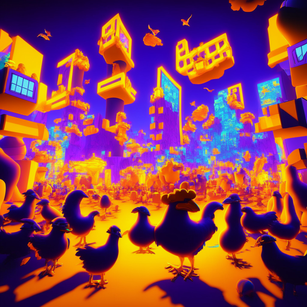 An immersive, neon-lit Metaverse landscape, set in twilight hues. The scene is centered on a digital theme park styled after a cluster of giant, playful, golden Chicken McNuggets. They are surrounded by virtual avatars engaged in quests, celebrating 40 years of the product's history. In the background, echoes of pixelated skyscrapers hint at the bustling energy of Hong Kong's cityscape. The mood is fun, but with an underlying sense of uncertainty, reflecting the article's cautious optimism about corporations venturing into the Metaverse. Artistic style inspired by the fusion of realism and surreal digital art.