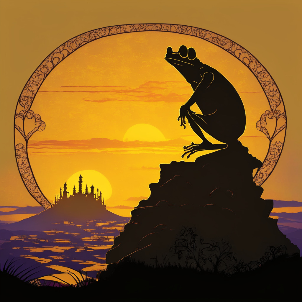 Art Nouveau style scene of a majestic frog prince in silhouette, standing on a hilltop overlooking a vast kingdom, the golden city reflecting the setting sun's warm glow. The frog prince appears melancholy, signifying a downfall. On the horizon, a whimsical poop emoji rises, bathed in the cool hues of twilight. Mood set to a mix of nostalgia and anticipation, representing meme coin turnovers in the crypto world.