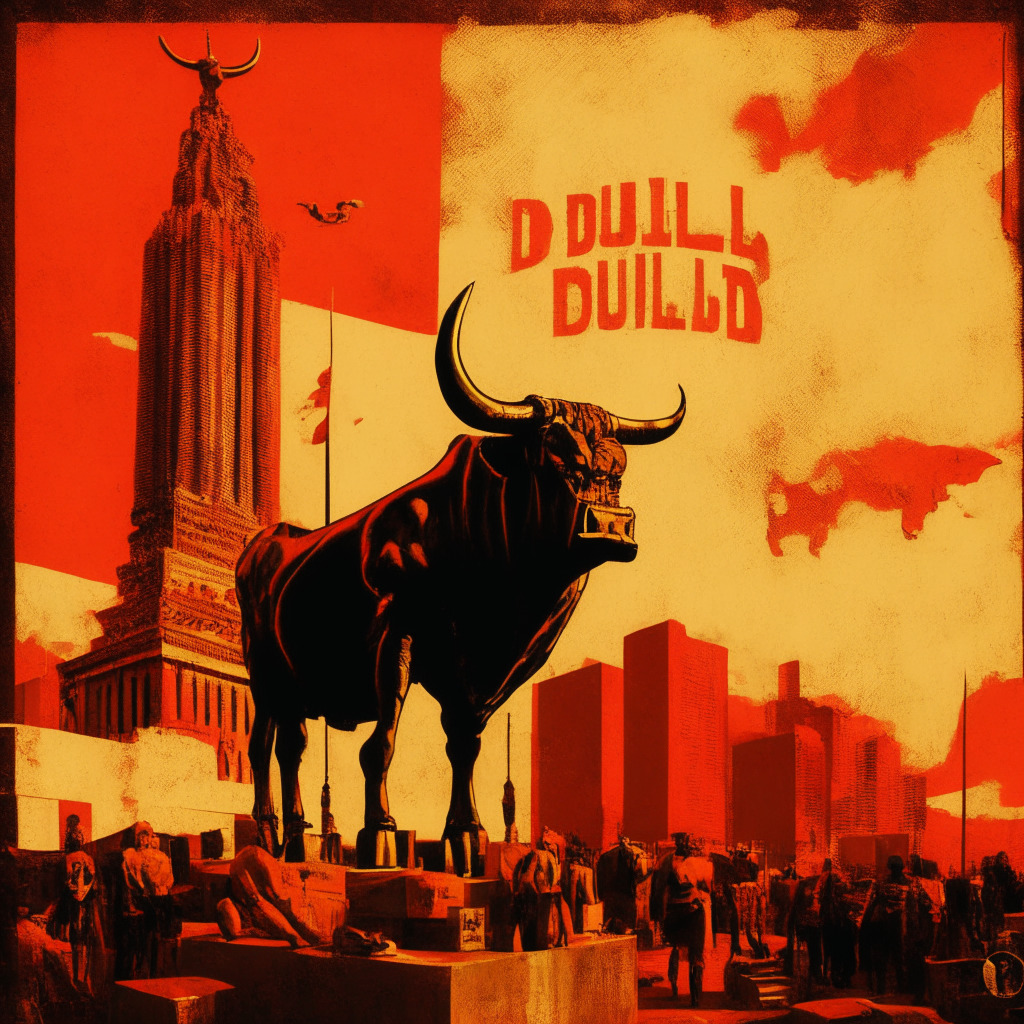 A sepia-toned, neo-noir influenced scene. A towering abstract representation of the dubious $BILL token, eerily surrounded by red flags amid a darl-moody sky. In the foreground, Wall Street Memes depicted as gilded bull statues and Thug Life as golden vintage vinyl records, radiating reassuring light. All under an air of intriguing drama, uncertainty, and caution.