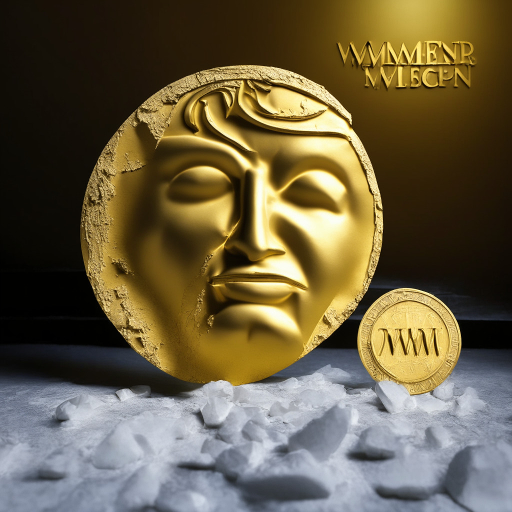 Renaissance styling of contrasting meme tokens, MASK and Wall Street Memes (WSM), Morph unsuspecting MASK into a precarious ice shard among low light, symbolizing fleeting existence and volatility. A strong, radiant WSM coin takes center spot, its golden hue representing robust community support in a vibrant, hope-laden setting. A subtle background, swirling with 252,000 twitter birds around it embodies its massive community presence.