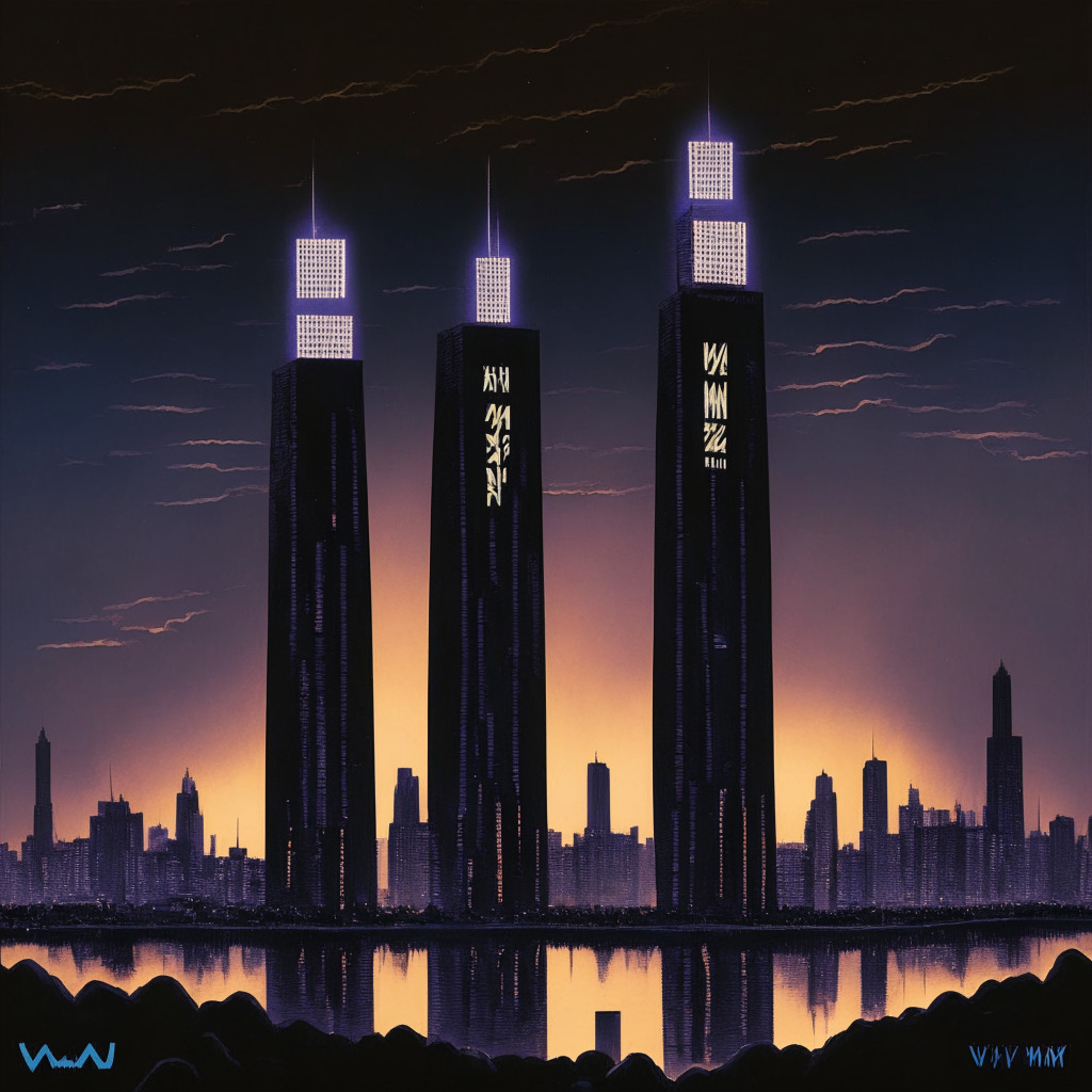 Surreal cityscape at twilight, dominated by two towering monoliths engraved with crude emojis, representing the meme tokens ZUCK and WSM. Mood is tense, anticipating, with contrasting light sources – a dazzling meteoric streak symbolizing ZUCK's rise, and a solid glowing foundation illuminating WSM. Artistic style mirrors a dramatic film poster underscored by the uncertainty of digital currency futures.