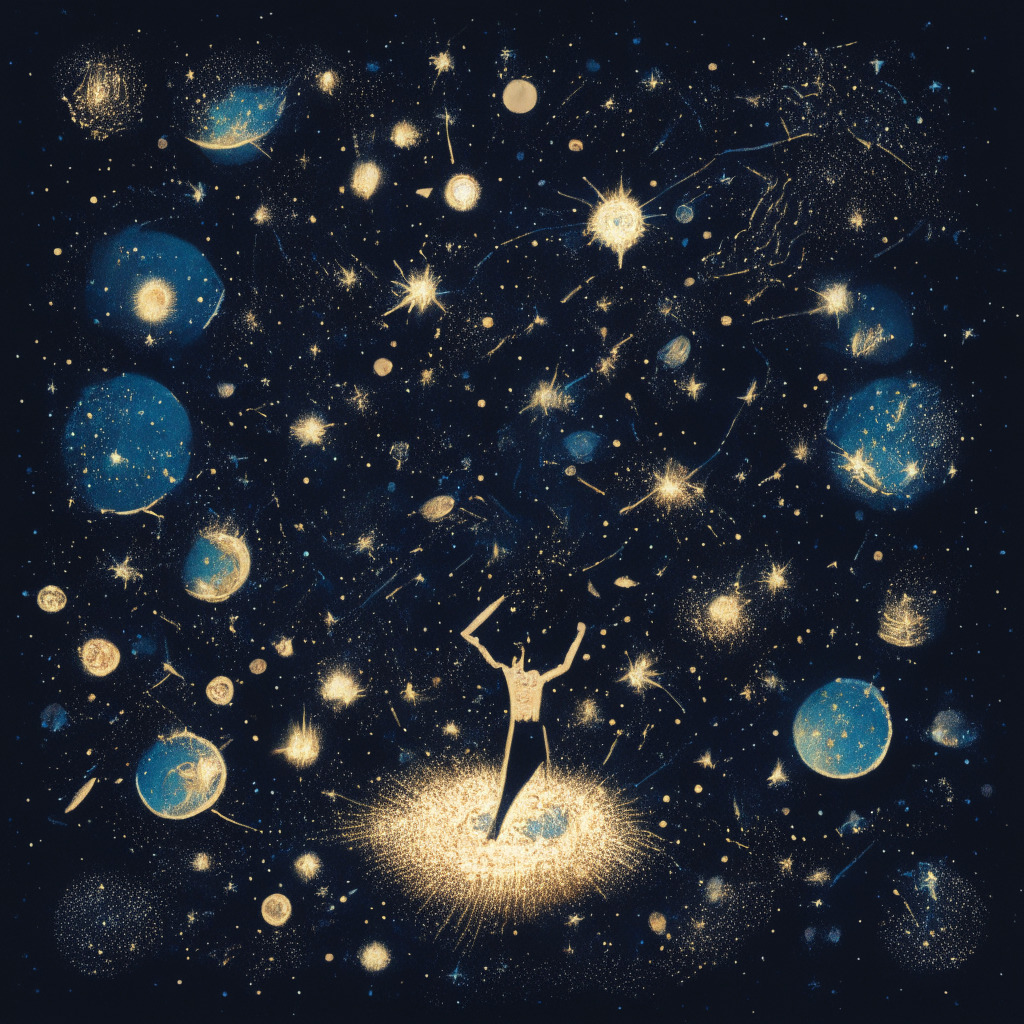 A turbulent crypto universe with stars and meteors in the background symbolizing rising and falling tokens. A figure representing Luck Token surges, flashing brightly before dimming into near insignificance. Conversely, a figure depicting Wall Street Memes glows steadily, surrounded by a larger constellation, representing its strong community. Emitting a promising light, intimating a hopeful future. The overall mood is adventurous yet cautious, rendered in a comic book style to depict the 'meme' theme.