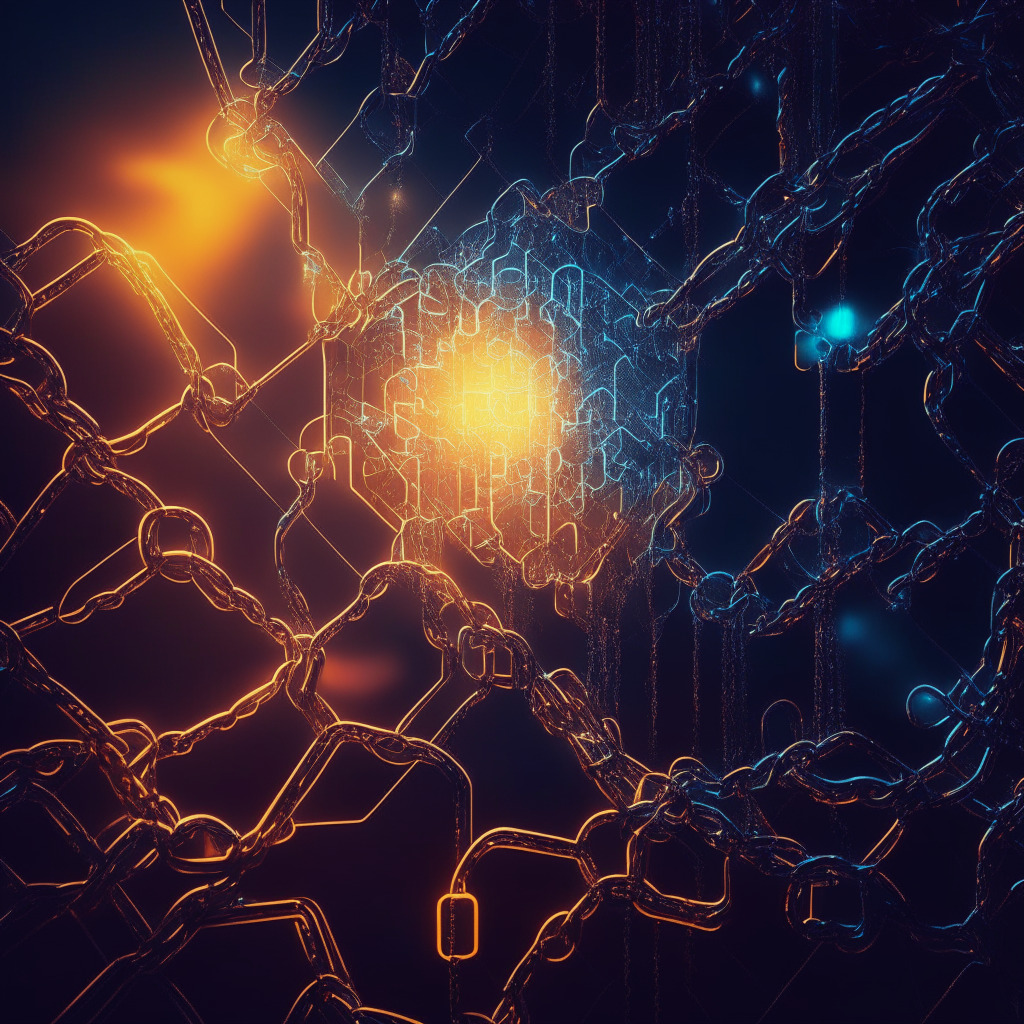 Dusk light highlighting a fusion of AI and blockchain elements in abstract art style. Futuristic neural networks intertwining with intricate chain links, a metaphor for AI and zero-knowledge proofs merging. High contrast light shadows to denote potential risks and uncertainties.